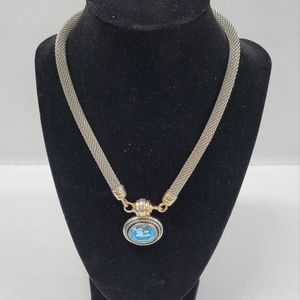 Vintage Necklace, 17" Long, Blue Stone, Silver/Gold Tone Metal